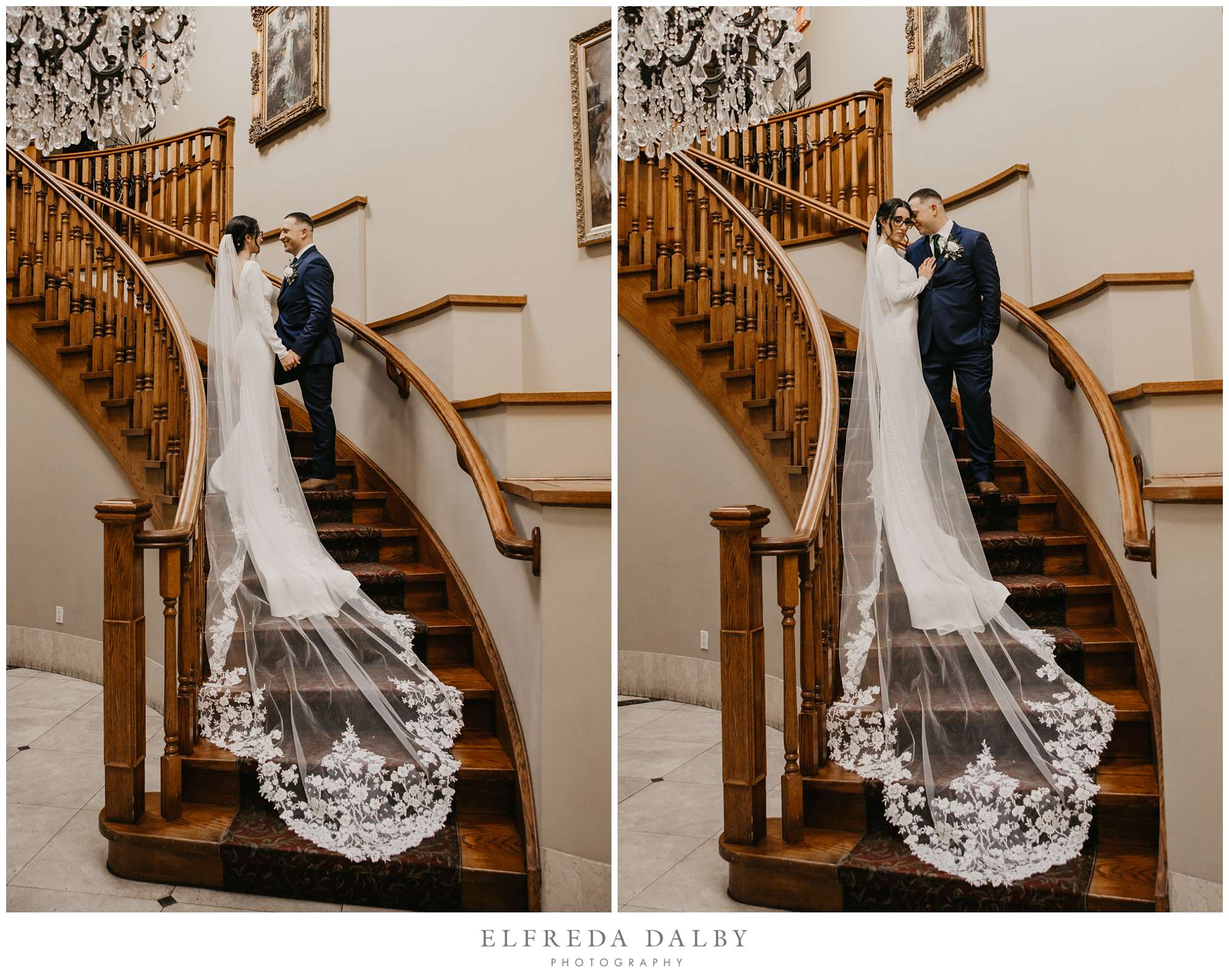 Bride and groom standing on the stairs inside the Royal Ambassador Banquet